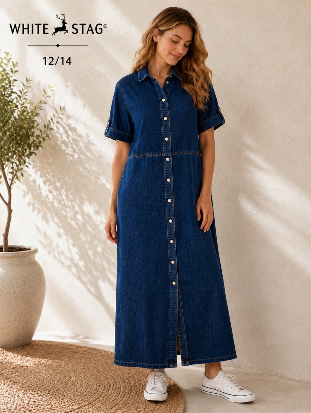 White Stag Women’s Denim Maxi Shirt Dress Med Blue 100% Cotton Snap Front L12/14